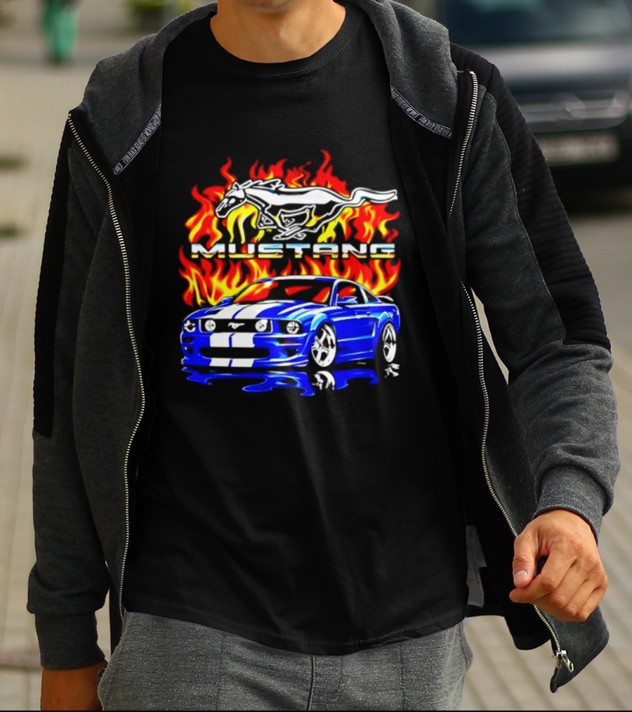 Mustang Blue Car With Flaming Horse And Fire T-Shirt