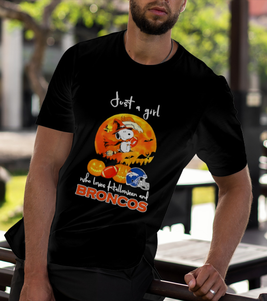 Just A Girl Who Loves Halloween And Broncos Football With Snoopy And Woodstock In Pumpkin T-Shirt