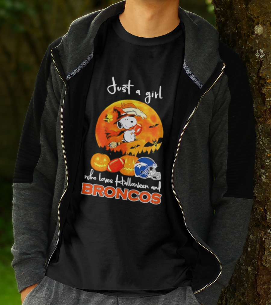 Just A Girl Who Loves Halloween And Broncos Football With Snoopy And Woodstock In Pumpkin T-Shirt
