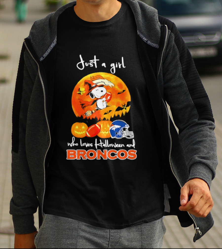Just A Girl Who Loves Halloween And Broncos Football With Snoopy And Woodstock In Pumpkin T-Shirt