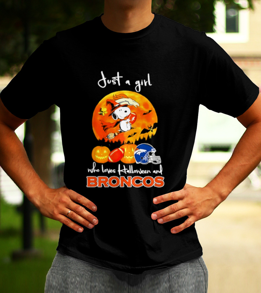 Just A Girl Who Loves Halloween And Broncos Football With Snoopy And Woodstock In Pumpkin T-Shirt