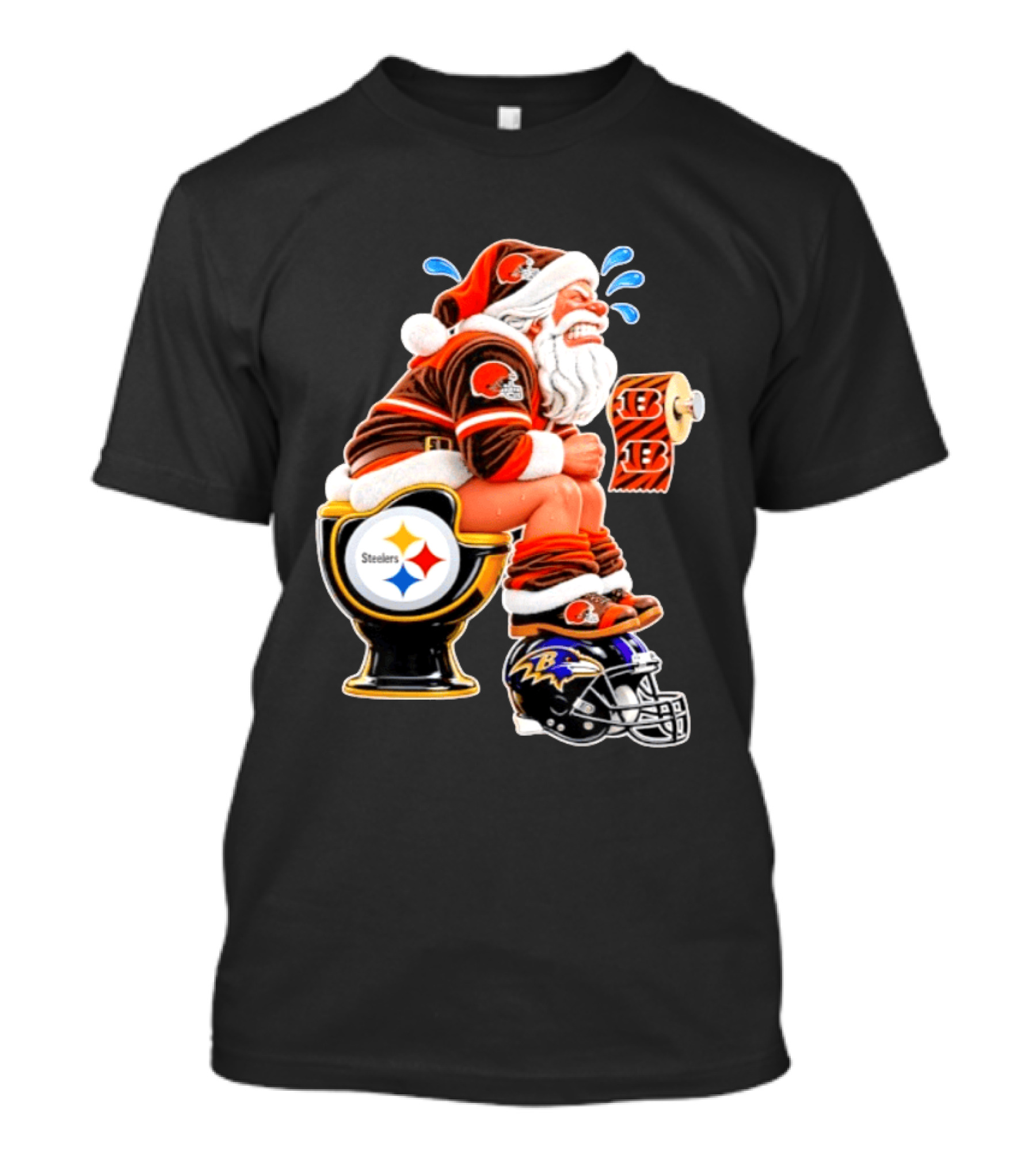 Santa Claus Cleveland Browns Toilet Sitting Steelers Ravens Bengals Meme T-Shirt