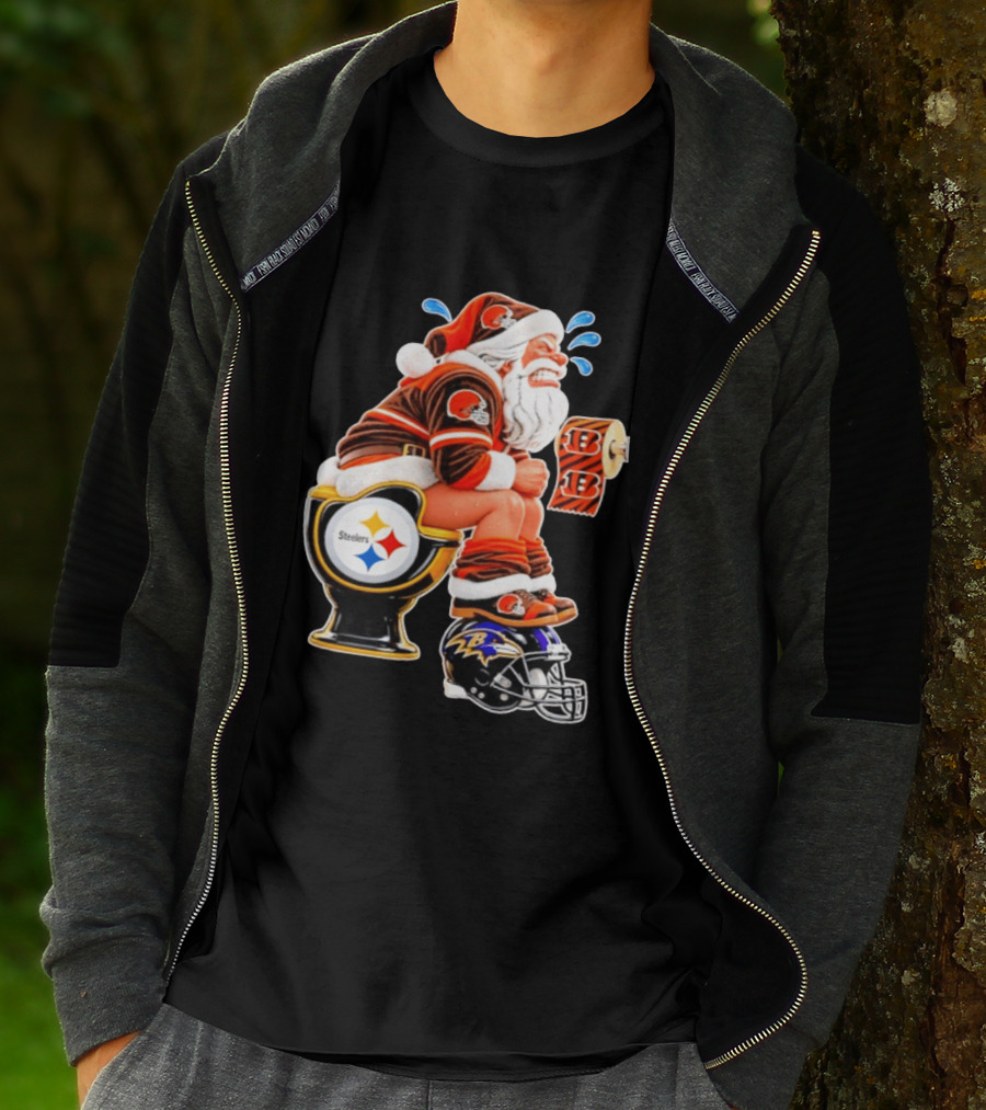 Santa Claus Cleveland Browns Toilet Sitting Steelers Ravens Bengals Meme T-Shirt