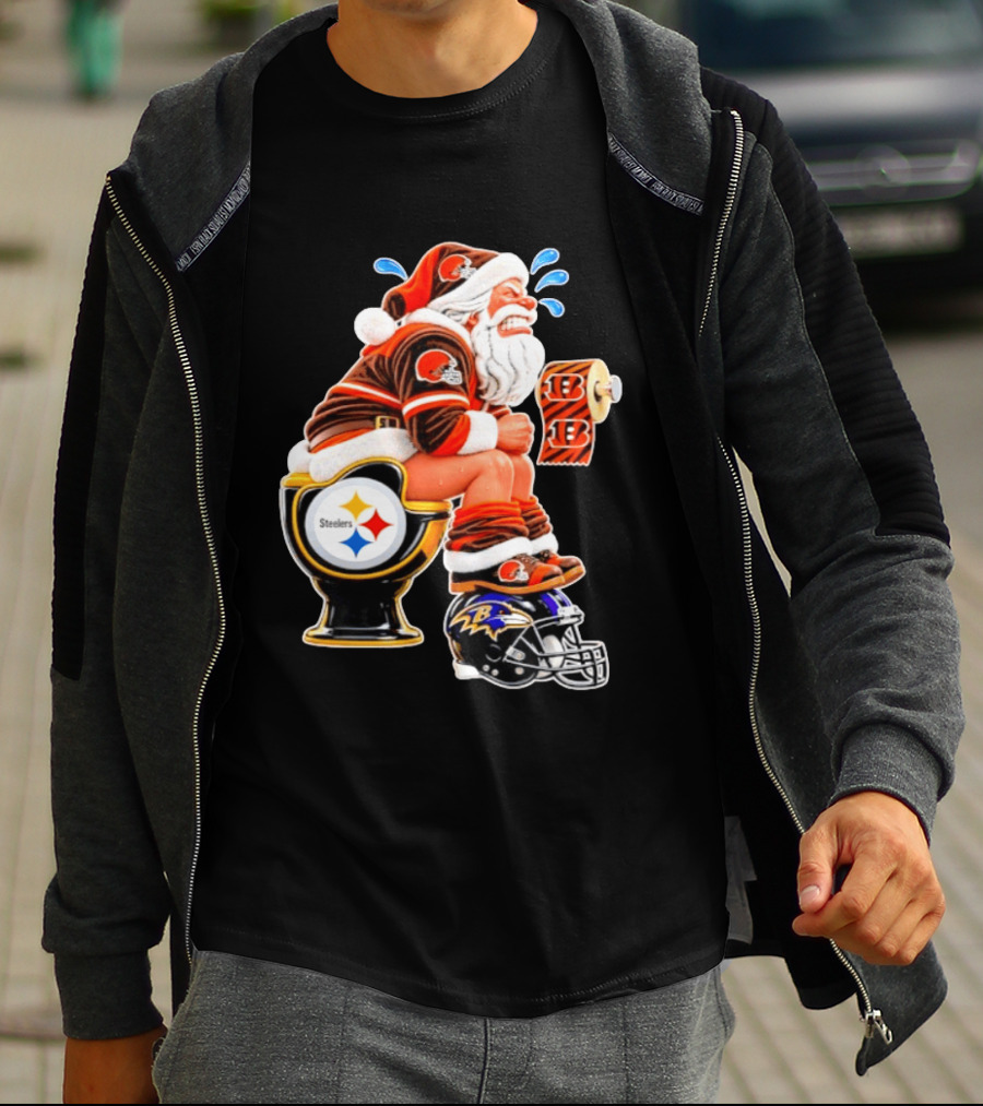 Santa Claus Cleveland Browns Toilet Sitting Steelers Ravens Bengals Meme T-Shirt