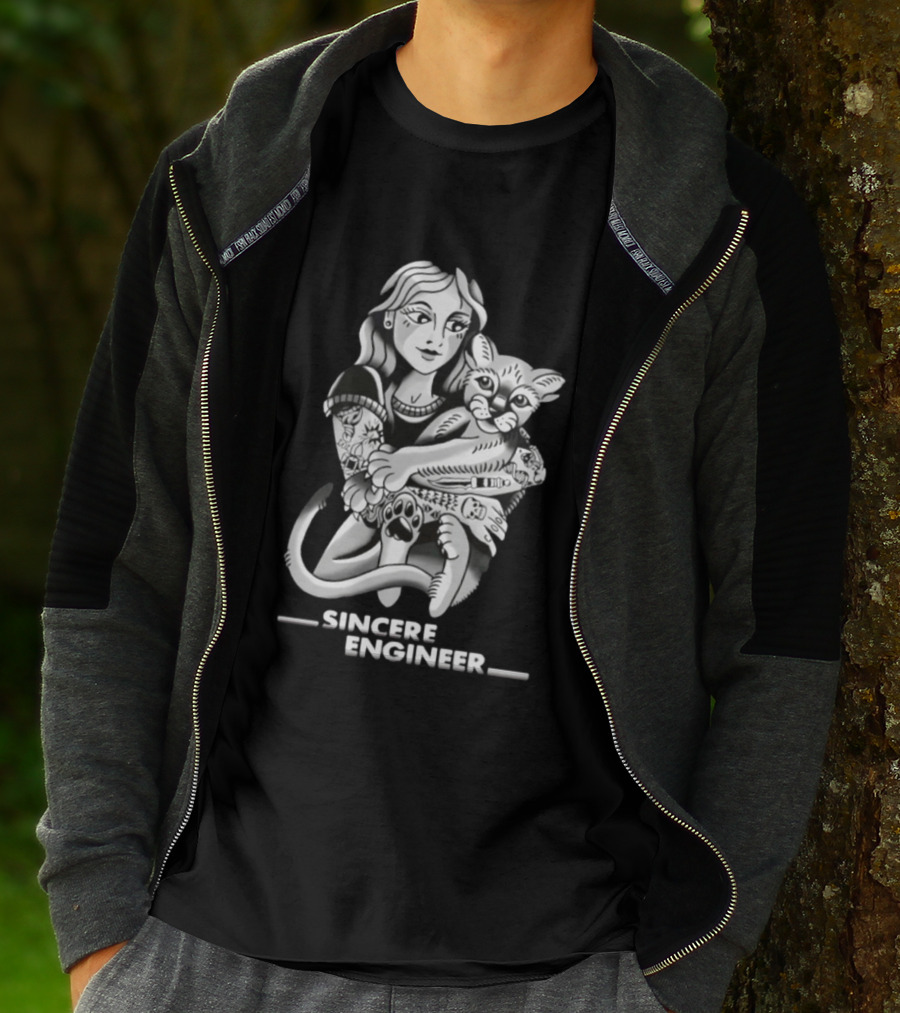Sincere Engineer Punk Alternative Tattooed Girl Hugging Cat T-Shirt