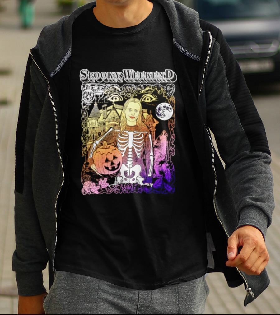 Spooky Weekend Skeleton Pumpkin Haunted House Halloween Magic Moonlit Night T-Shirt