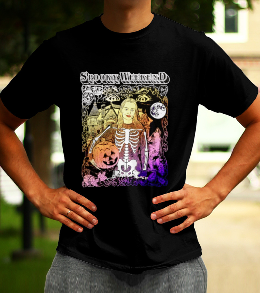 Spooky Weekend Skeleton Pumpkin Haunted House Halloween Magic Moonlit Night T-Shirt