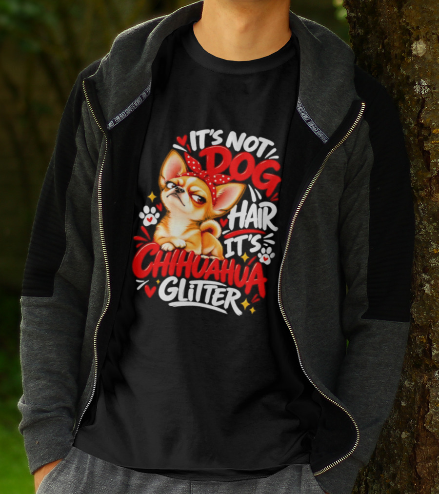 It's Not Dog Hair It's Chihuahua Glitter Cute Chihuahua With Red Bow And Paw Prints T-Shirt
