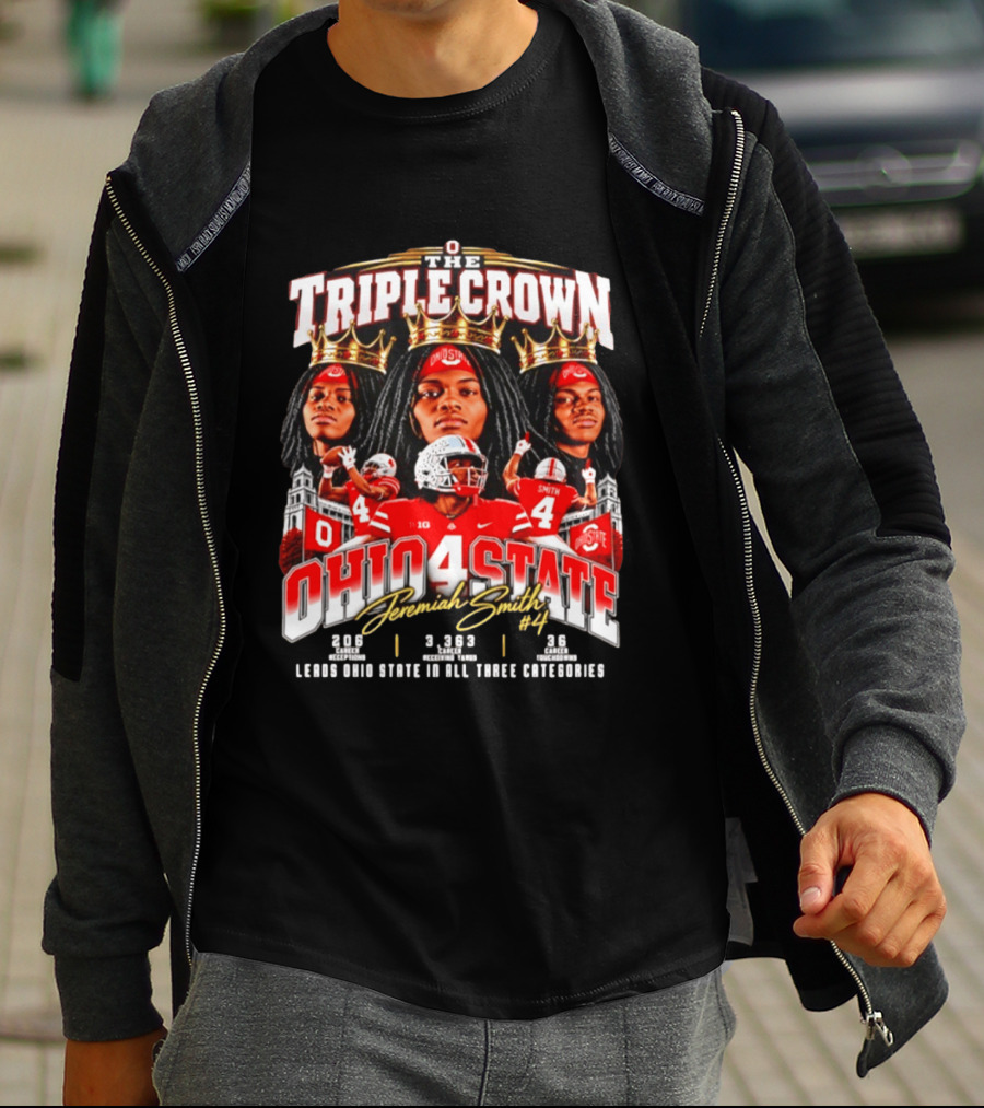 Ohio State Buckeyes Jeremiah Smith #4 The Triple Crown Leading In All Three Categories T-Shirt