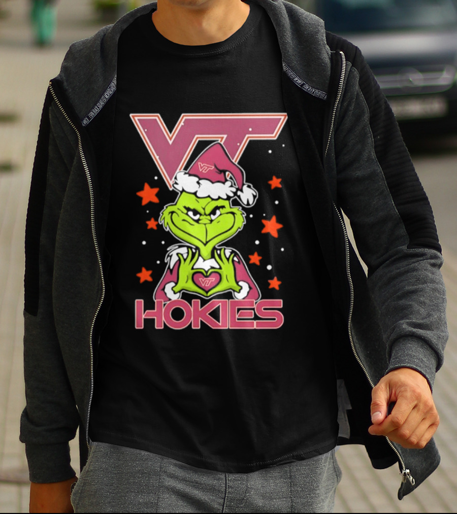 Virginia Tech Hokies Grinch Christmas Love Hands Football 2026 T-Shirt