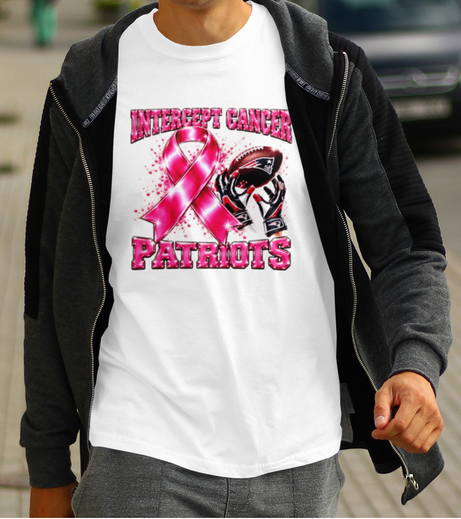 Intercept Cancer New England Patriots 2026 Football Gloves Pink Ribbon Awareness T-Shirt