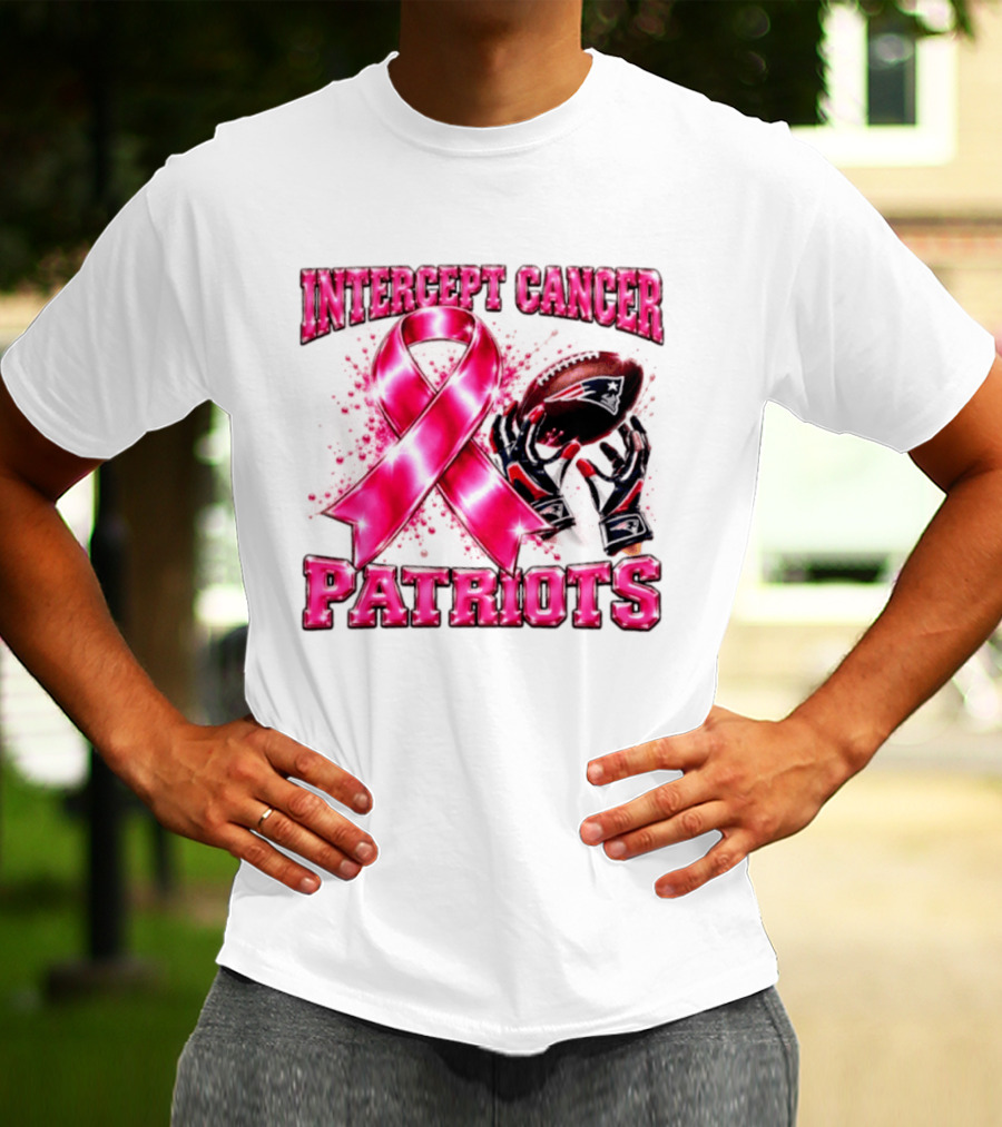 Intercept Cancer New England Patriots 2026 Football Gloves Pink Ribbon Awareness T-Shirt