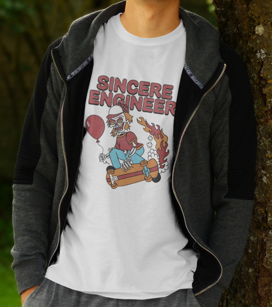 Sincere Engineer Skeleton Skateboarder With Balloon And Flaming Wheels T-Shirt