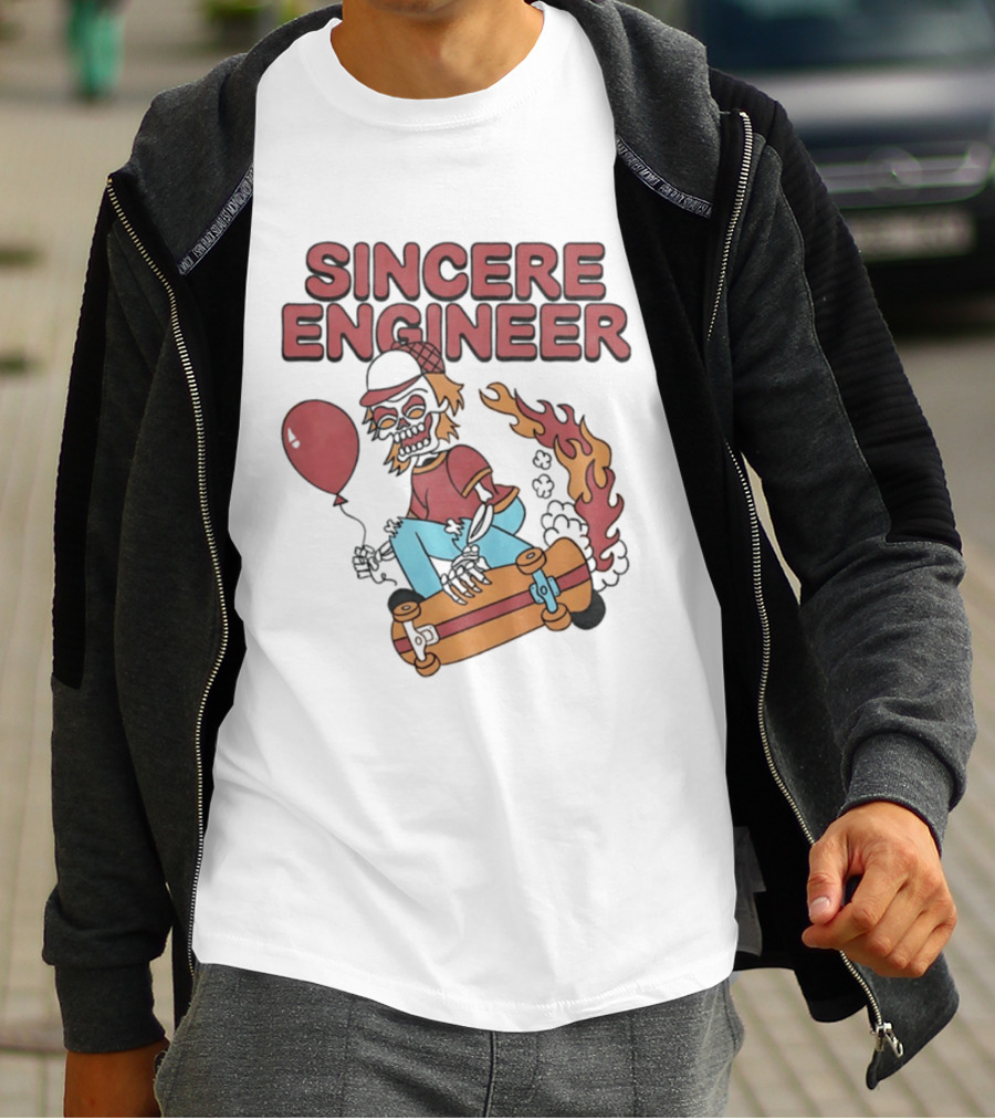 Sincere Engineer Skeleton Skateboarder With Balloon And Flaming Wheels T-Shirt