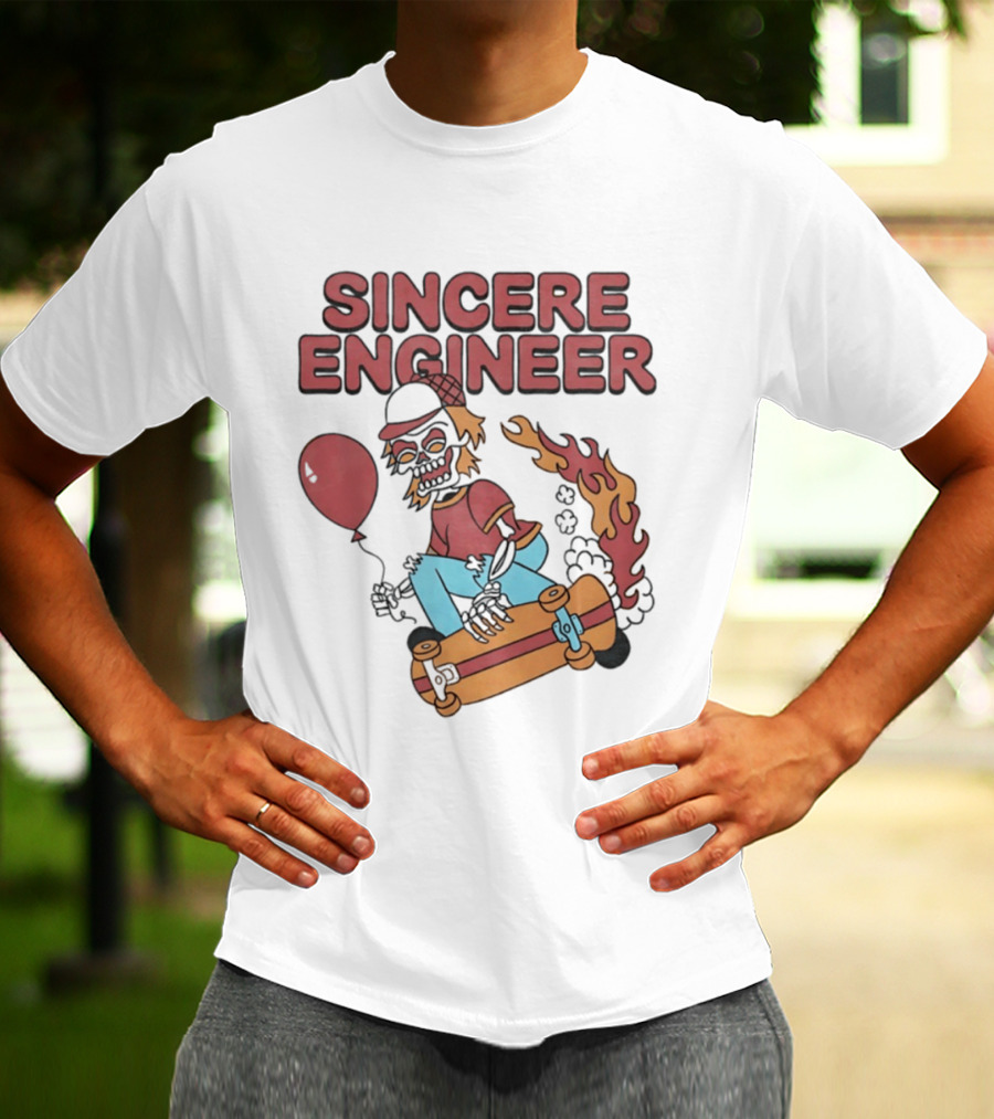 Sincere Engineer Skeleton Skateboarder With Balloon And Flaming Wheels T-Shirt