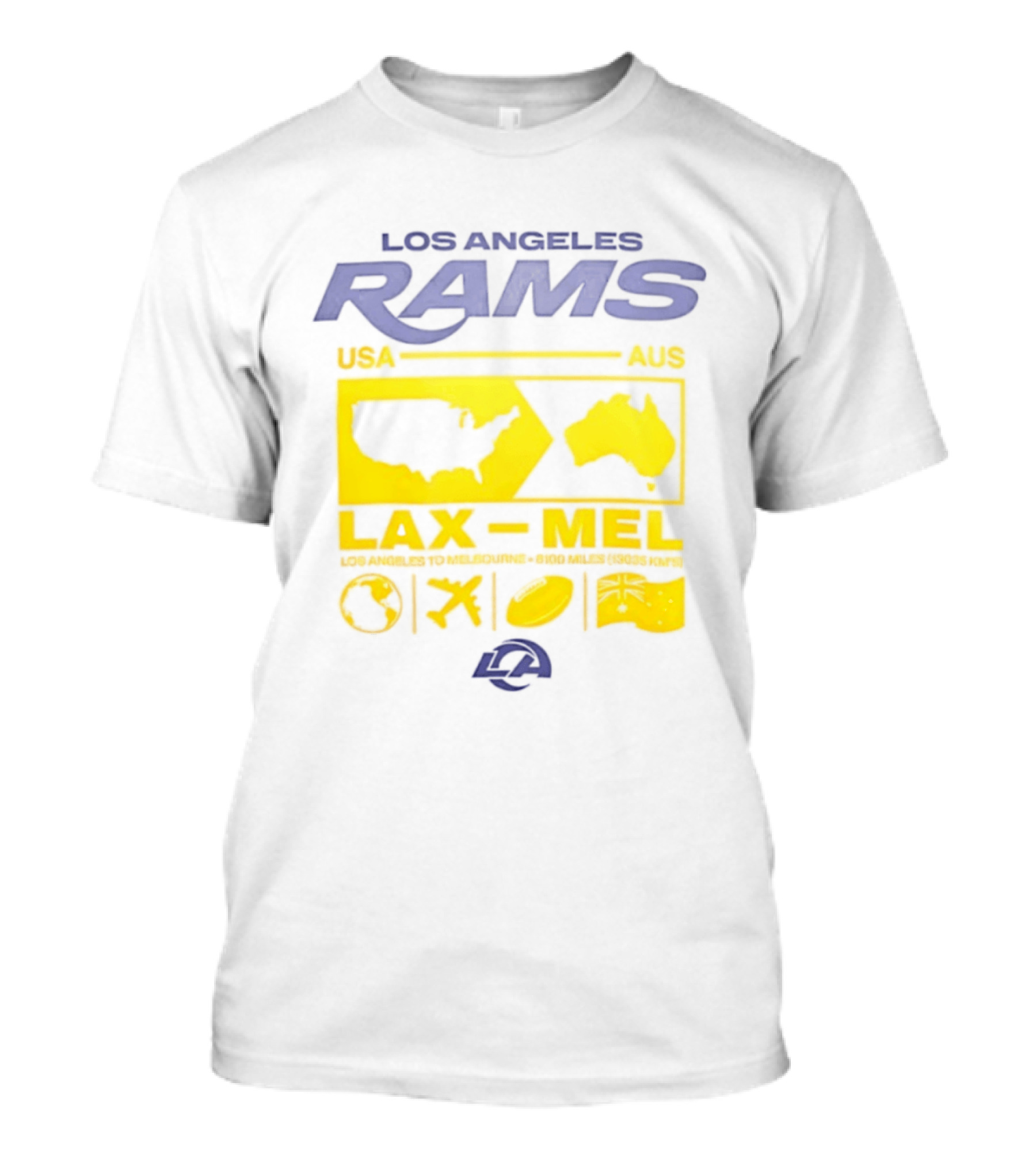 Los Angeles Rams LAX To MEL 2026 USA To Australia Football Journey T-Shirt