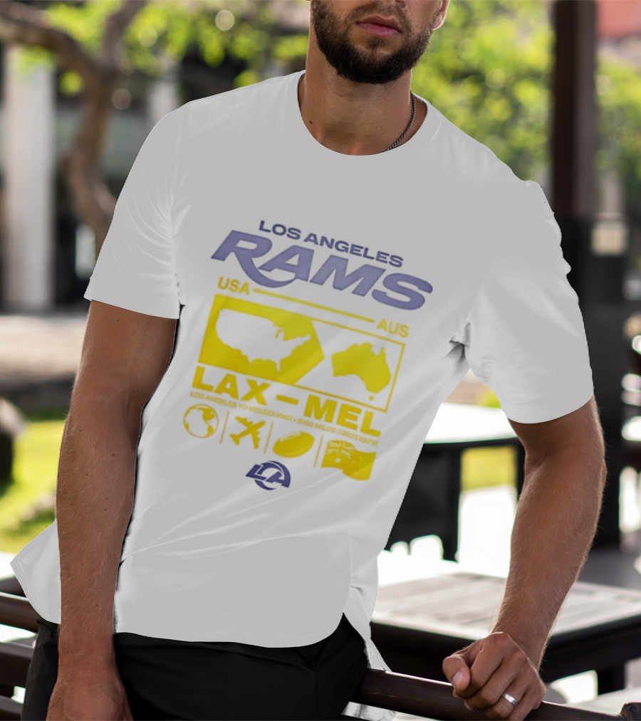 Los Angeles Rams LAX To MEL 2026 USA To Australia Football Journey T-Shirt
