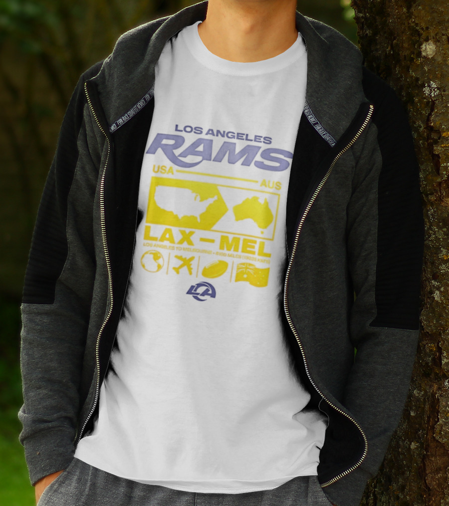 Los Angeles Rams LAX To MEL 2026 USA To Australia Football Journey T-Shirt