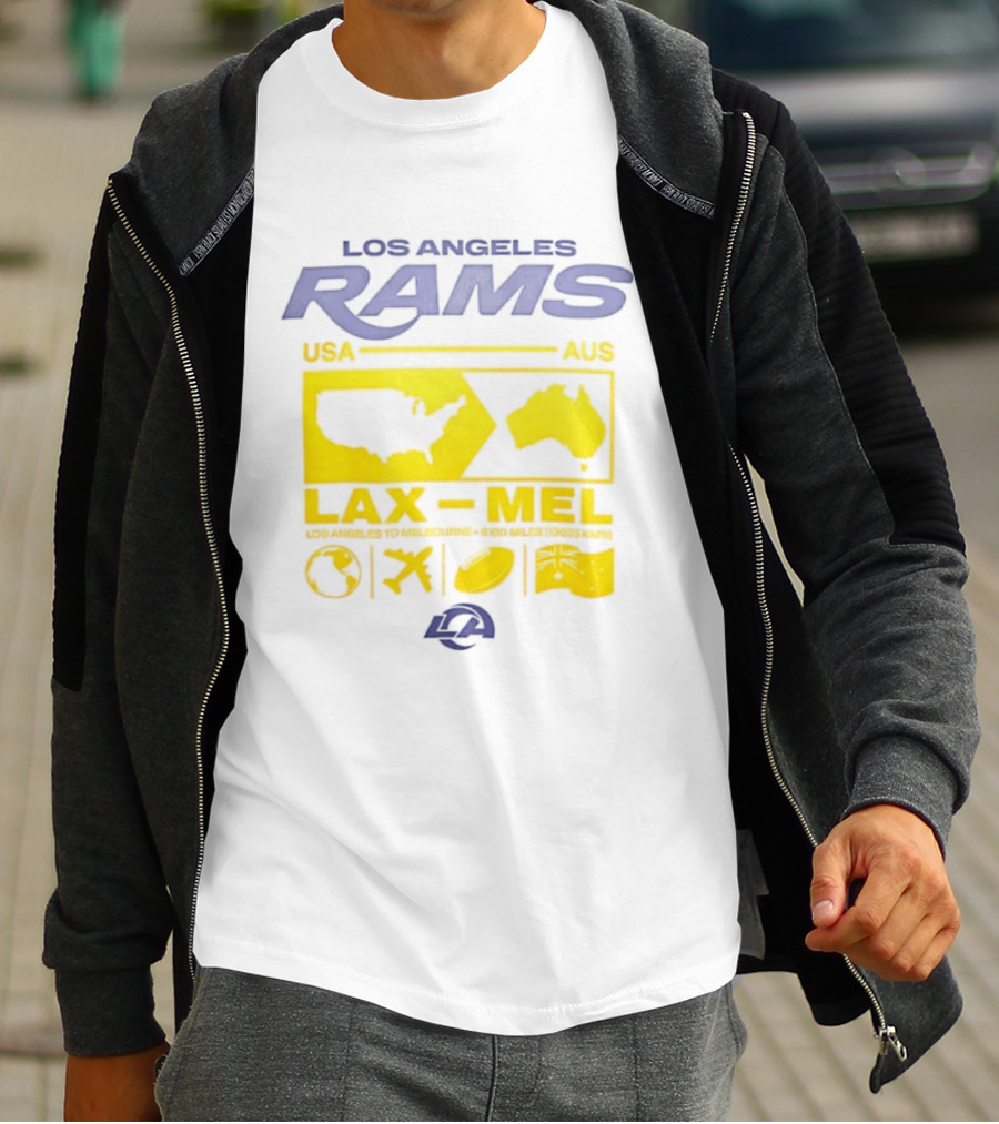 Los Angeles Rams LAX To MEL 2026 USA To Australia Football Journey T-Shirt