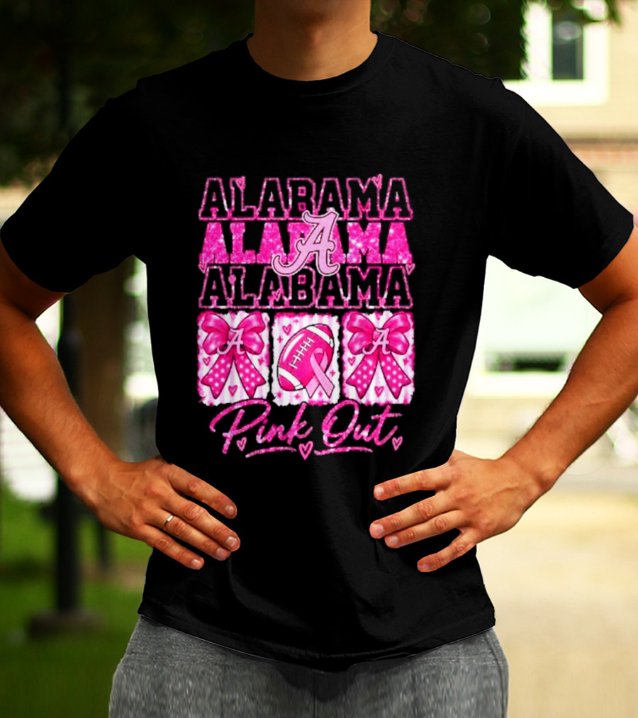 Alabama Crimson Tide A Pink Out Breast Cancer Awareness Football Bow Game Day T-Shirt