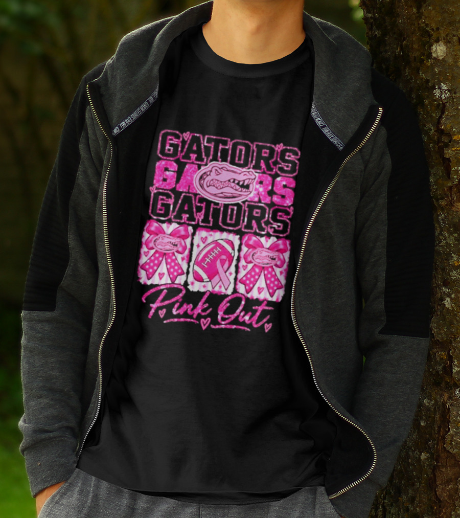 Gators Pink Out Breast Cancer Awareness Game Day Bow Ribbon Football T-Shirt