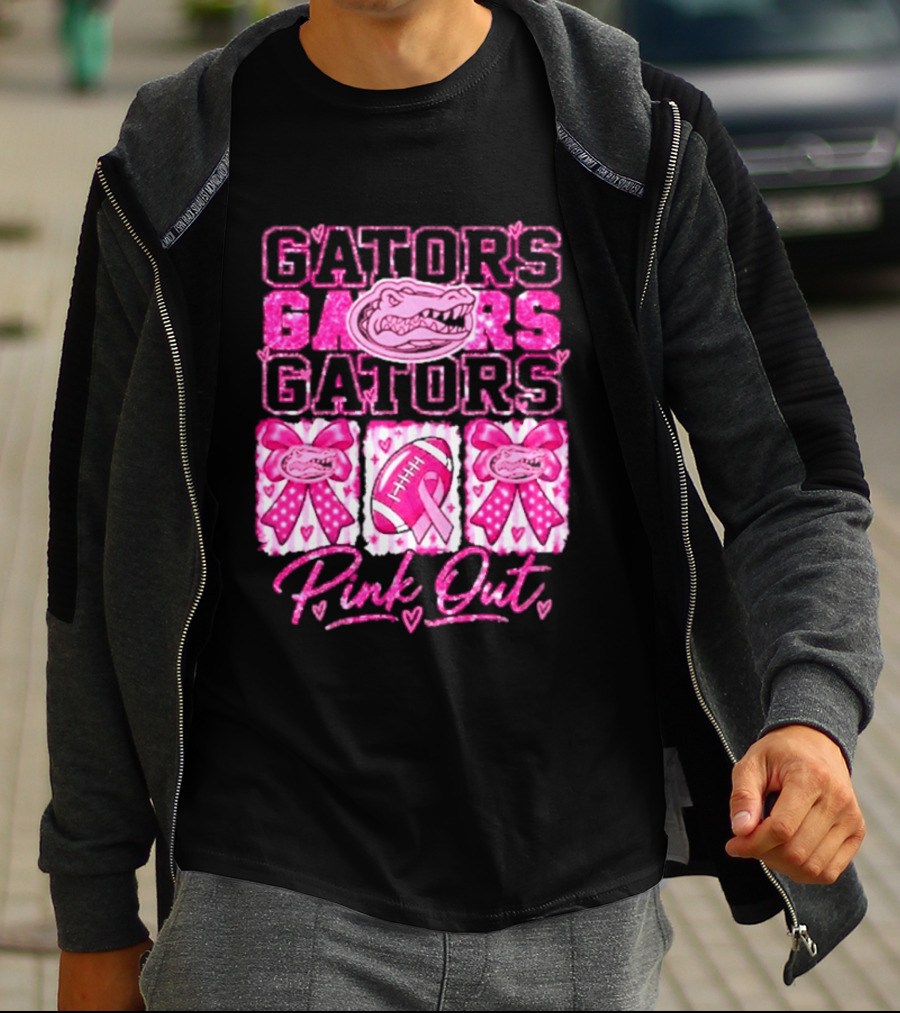 Gators Pink Out Breast Cancer Awareness Game Day Bow Ribbon Football T-Shirt