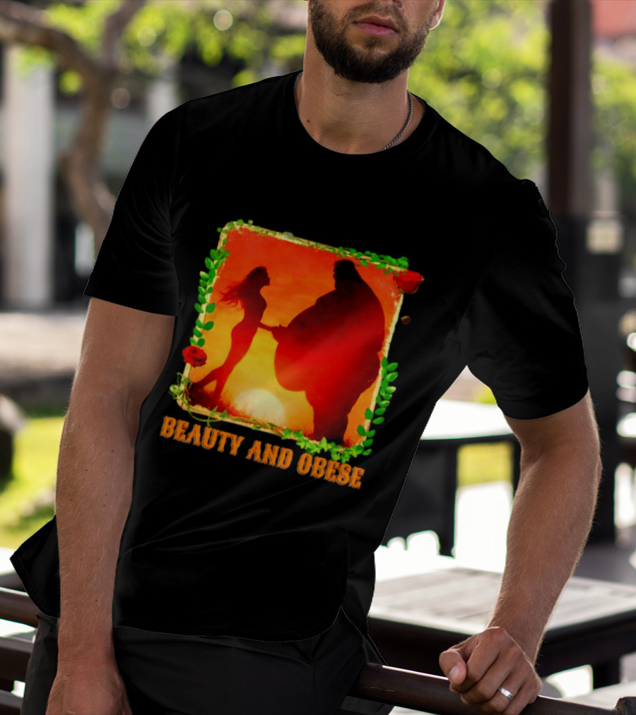 Beauty And Obese Romantic Satire With Sunset Silhouette And Roses T-Shirt