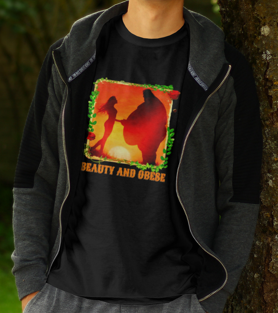 Beauty And Obese Romantic Satire With Sunset Silhouette And Roses T-Shirt