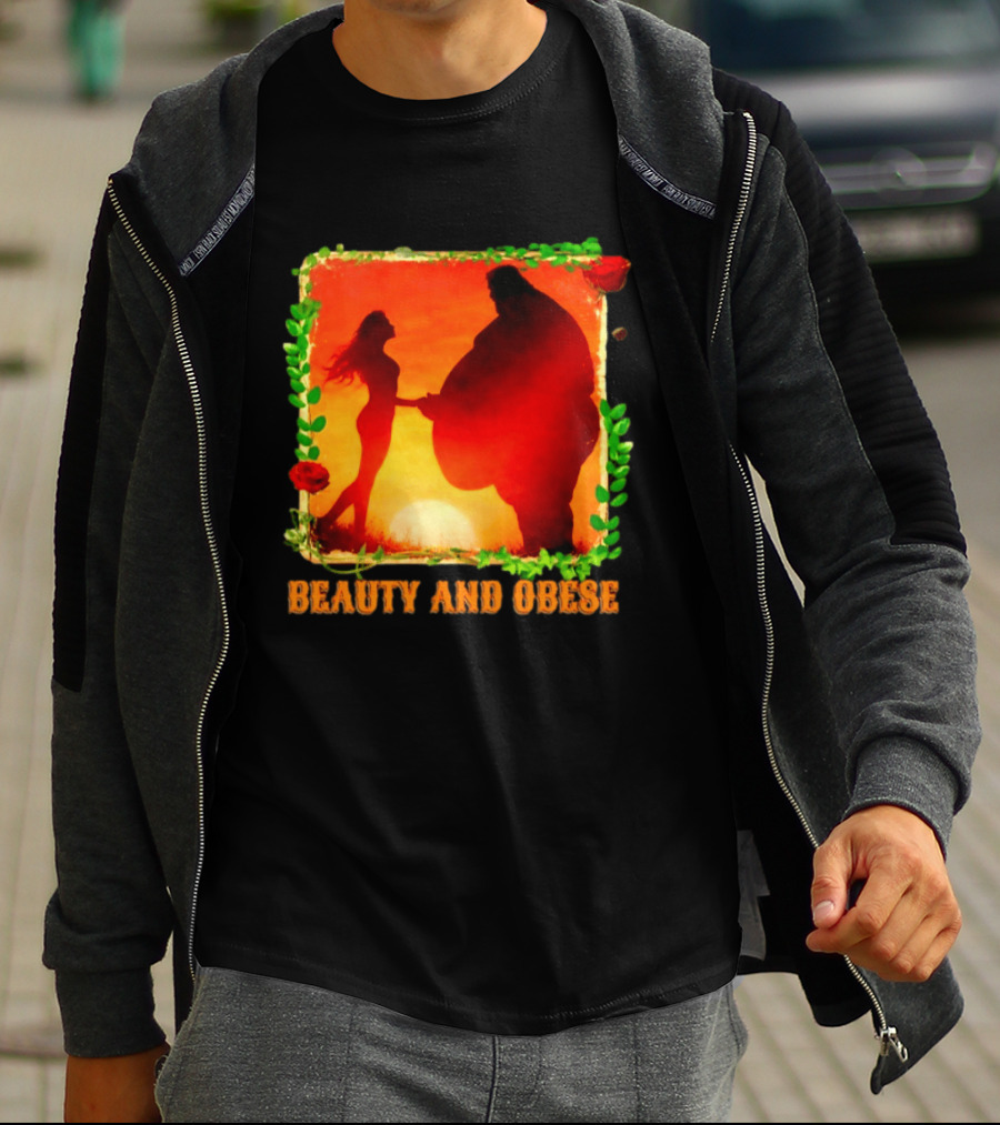 Beauty And Obese Romantic Satire With Sunset Silhouette And Roses T-Shirt