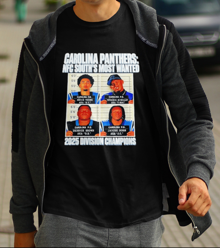 Carolina Panthers NFC South's Most Wanted Bryce Young Derrick Brown Jaycee Horn 2025 Division Champions T-Shirt