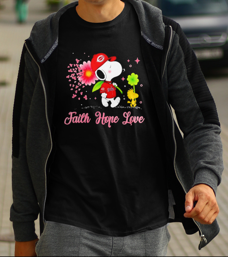 Cincinnati Reds Snoopy Faith Hope Love Breast Cancer Awareness 2026 T-Shirt