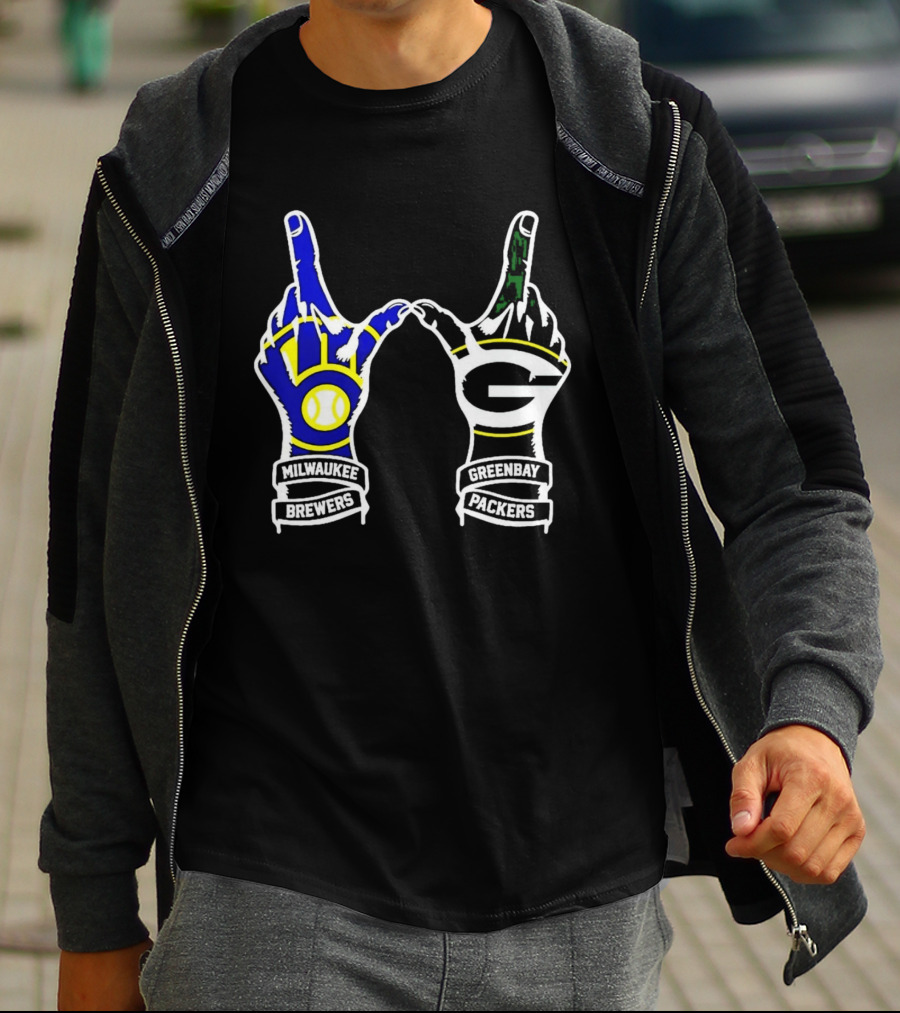 Milwaukee Brewers And Green Bay Packers Hand Gesture Wisconsin Sports Pride T-Shirt