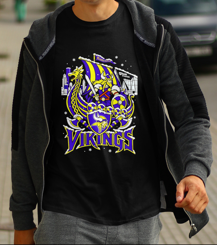 Minnesota Vikings Ship US Bank Stadium Winter City Skyline T-Shirt
