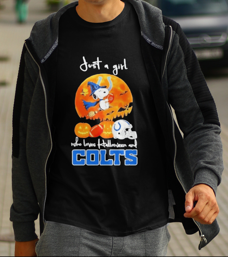 Just A Girl Who Loves Halloween And Colts Snoopy Woodstock Collaboration T-Shirt
