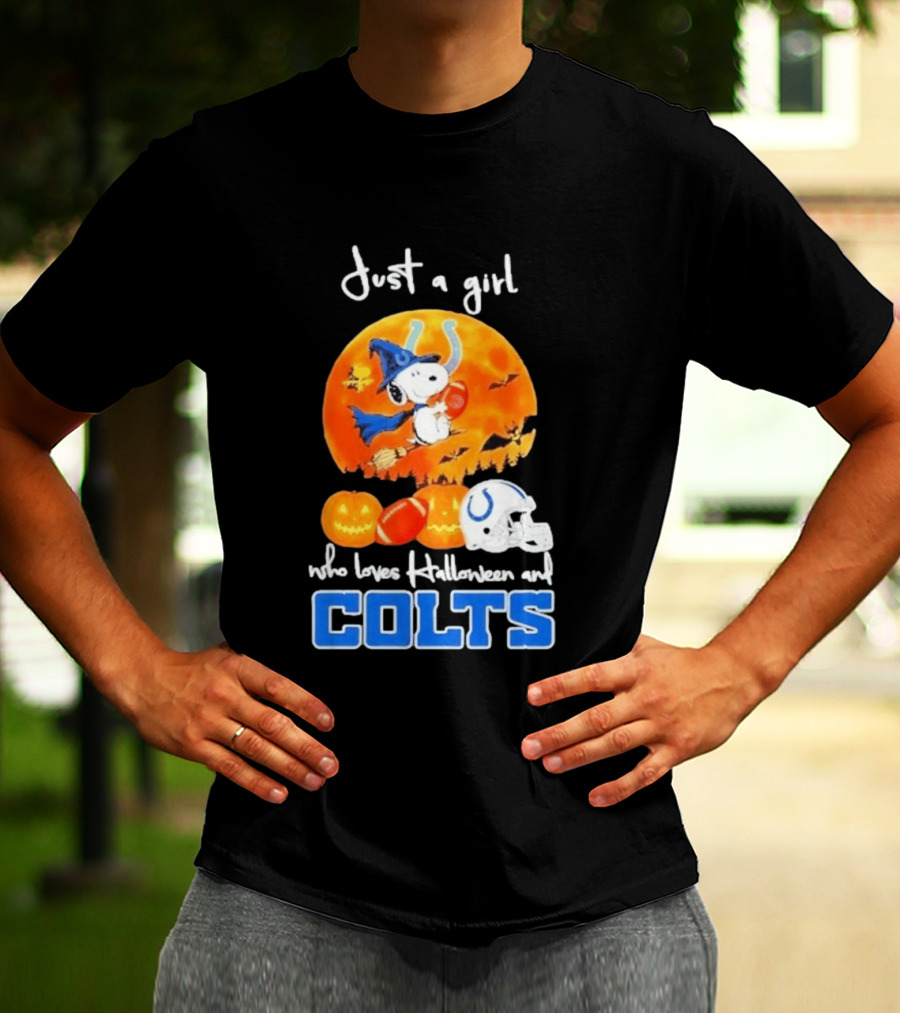 Just A Girl Who Loves Halloween And Colts Snoopy Woodstock Collaboration T-Shirt