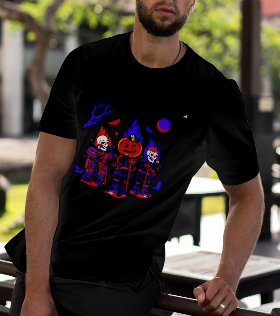 Halloween Pumpkin Skeleton Hockey Players Spooky Sports T-Shirt