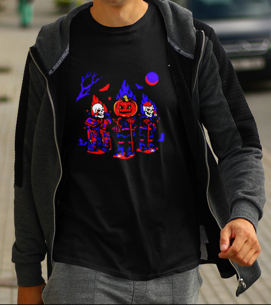 Halloween Pumpkin Skeleton Hockey Players Spooky Sports T-Shirt