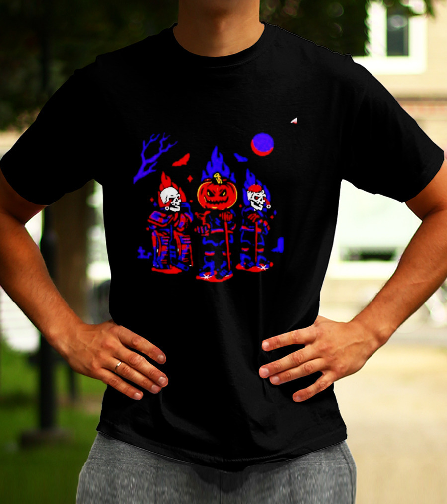 Halloween Pumpkin Skeleton Hockey Players Spooky Sports T-Shirt