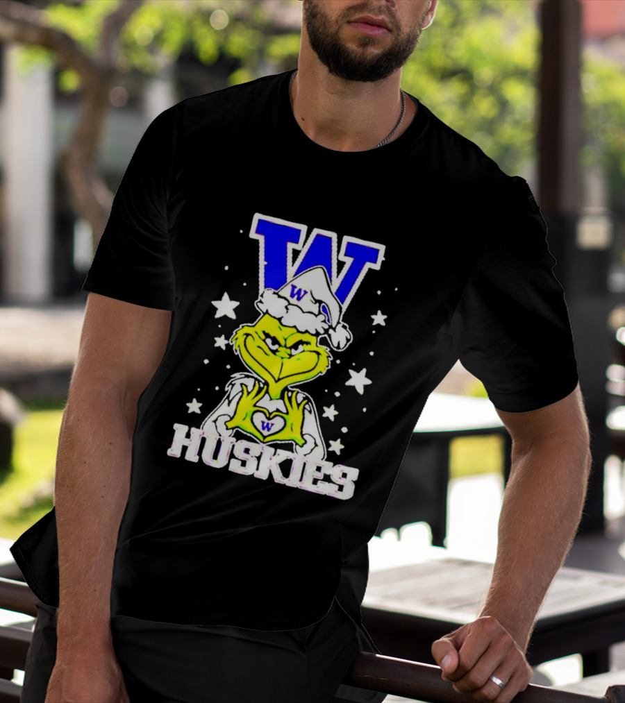 Washington Huskies Grinch Santa Hat Christmas Heart Hands W Monogram T-Shirt