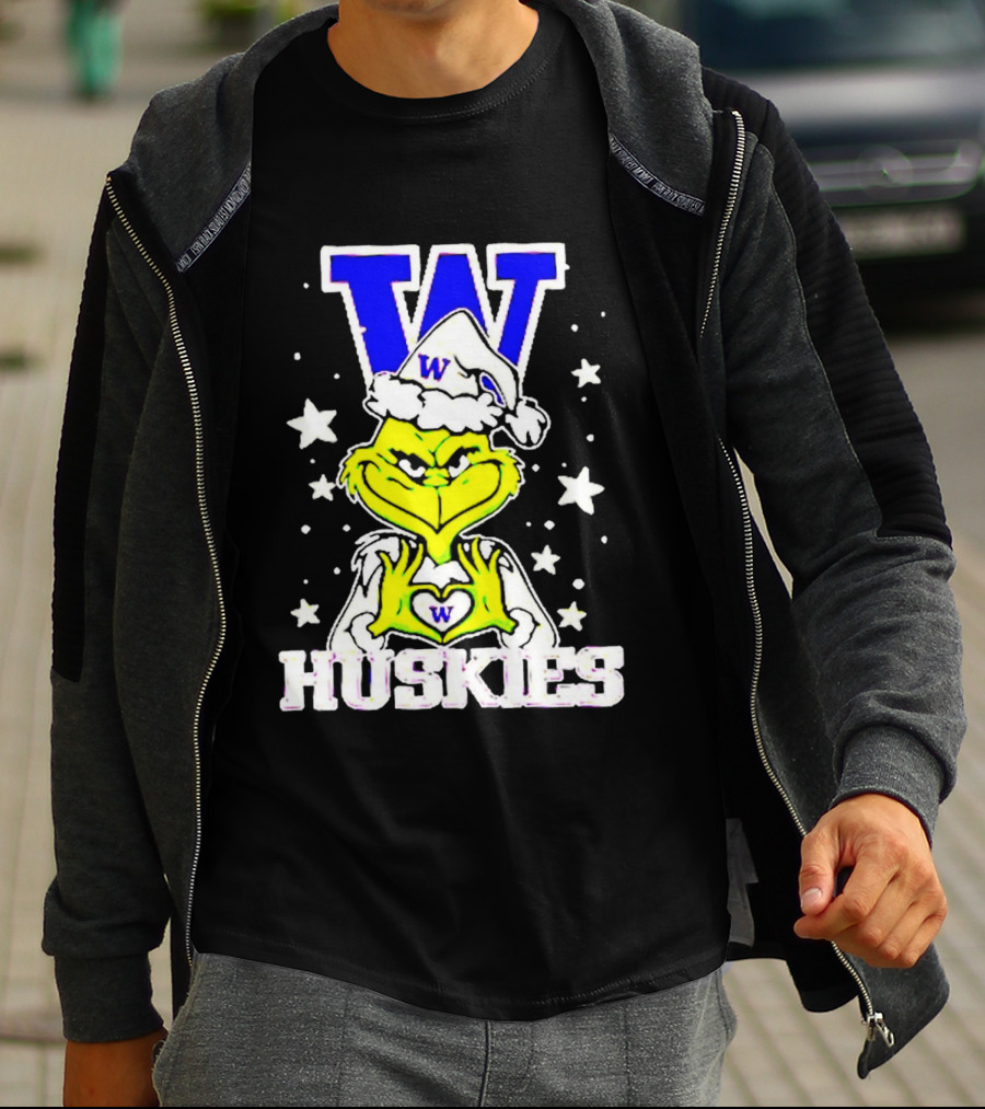 Washington Huskies Grinch Santa Hat Christmas Heart Hands W Monogram T-Shirt
