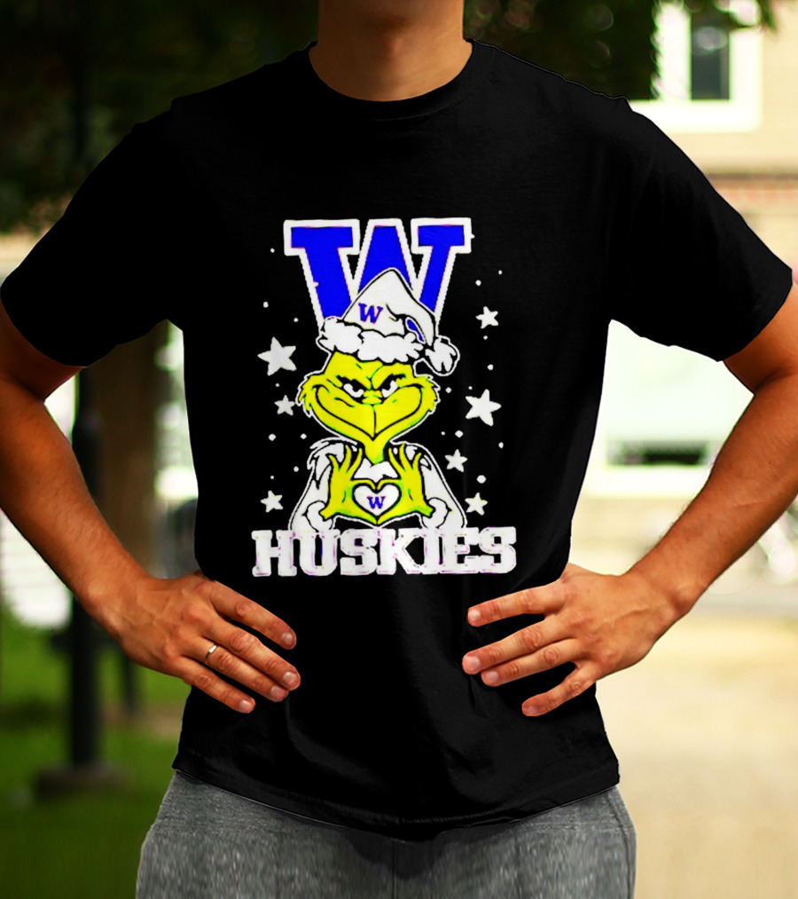 Washington Huskies Grinch Santa Hat Christmas Heart Hands W Monogram T-Shirt