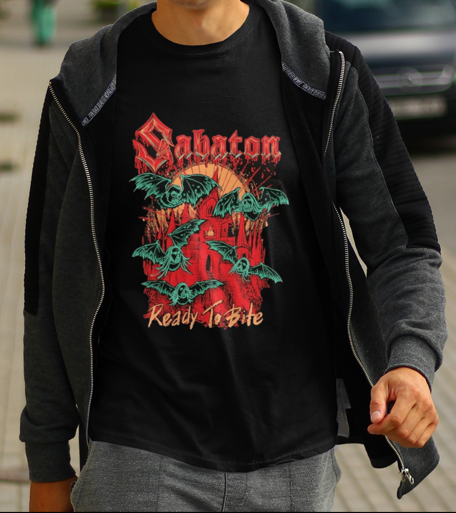 Sabaton Ready To Bite Halloween Spooky Bats Castle Scene T-Shirt