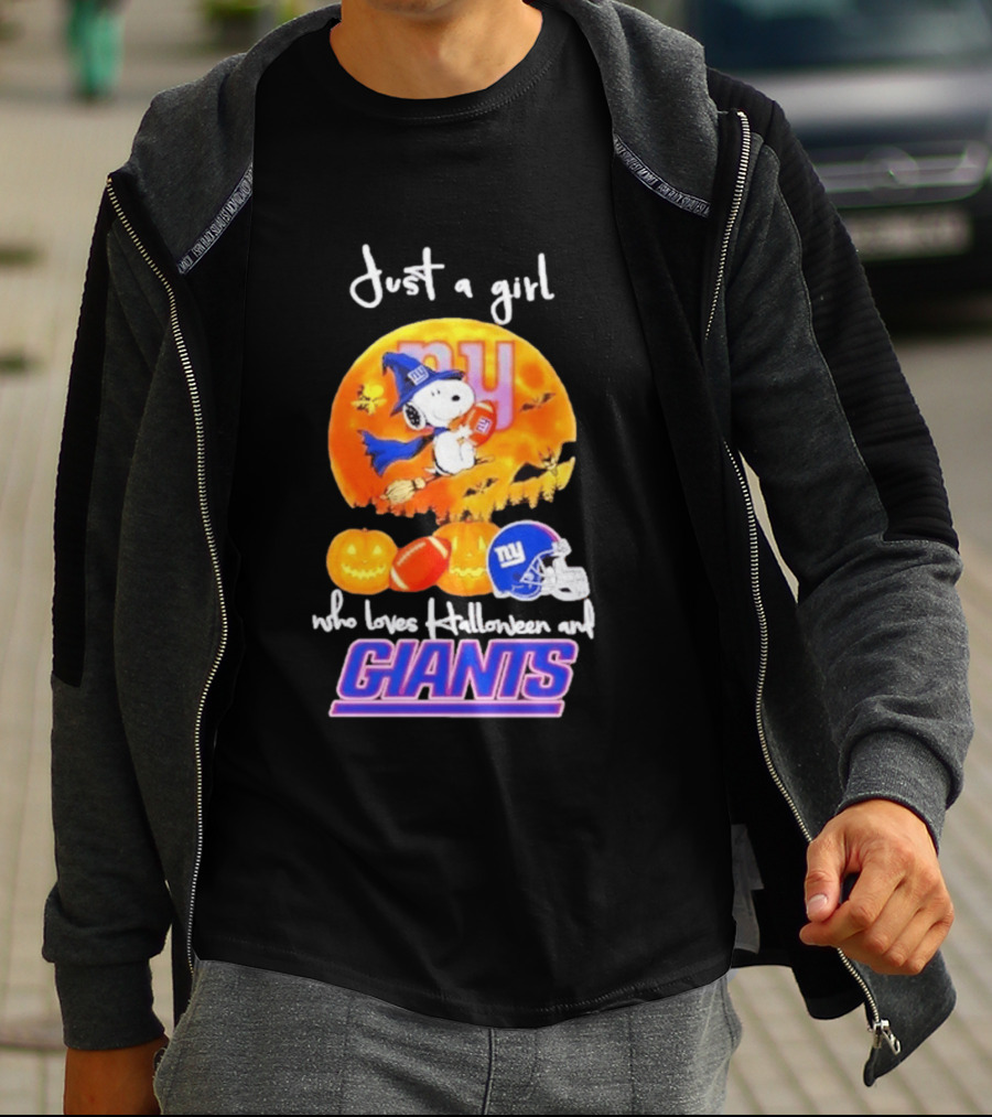Just A Girl Who Loves Halloween New York Giants Snoopy Woodstock T-Shirt