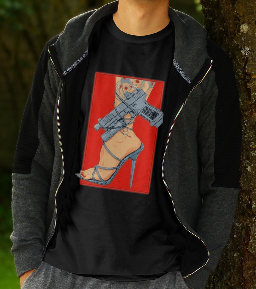 High Heel Stiletto With Gun And Tattoo Art On Red T-Shirt