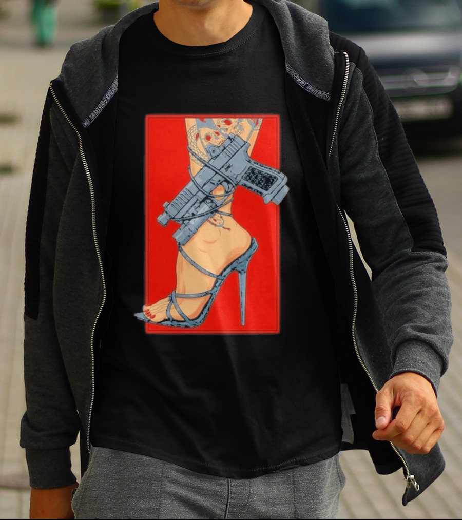 High Heel Stiletto With Gun And Tattoo Art On Red T-Shirt