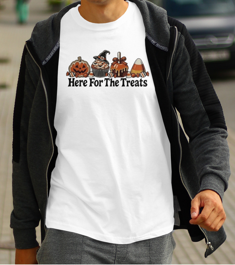 Here For The Treats Halloween Jack O Lantern Cupcake Candy T-Shirt