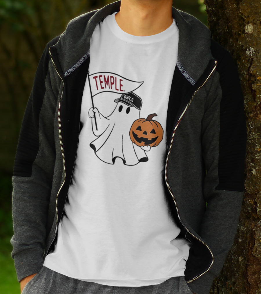 Temple Owls Halloween Ghost With Pumpkin And Flag T-Shirt