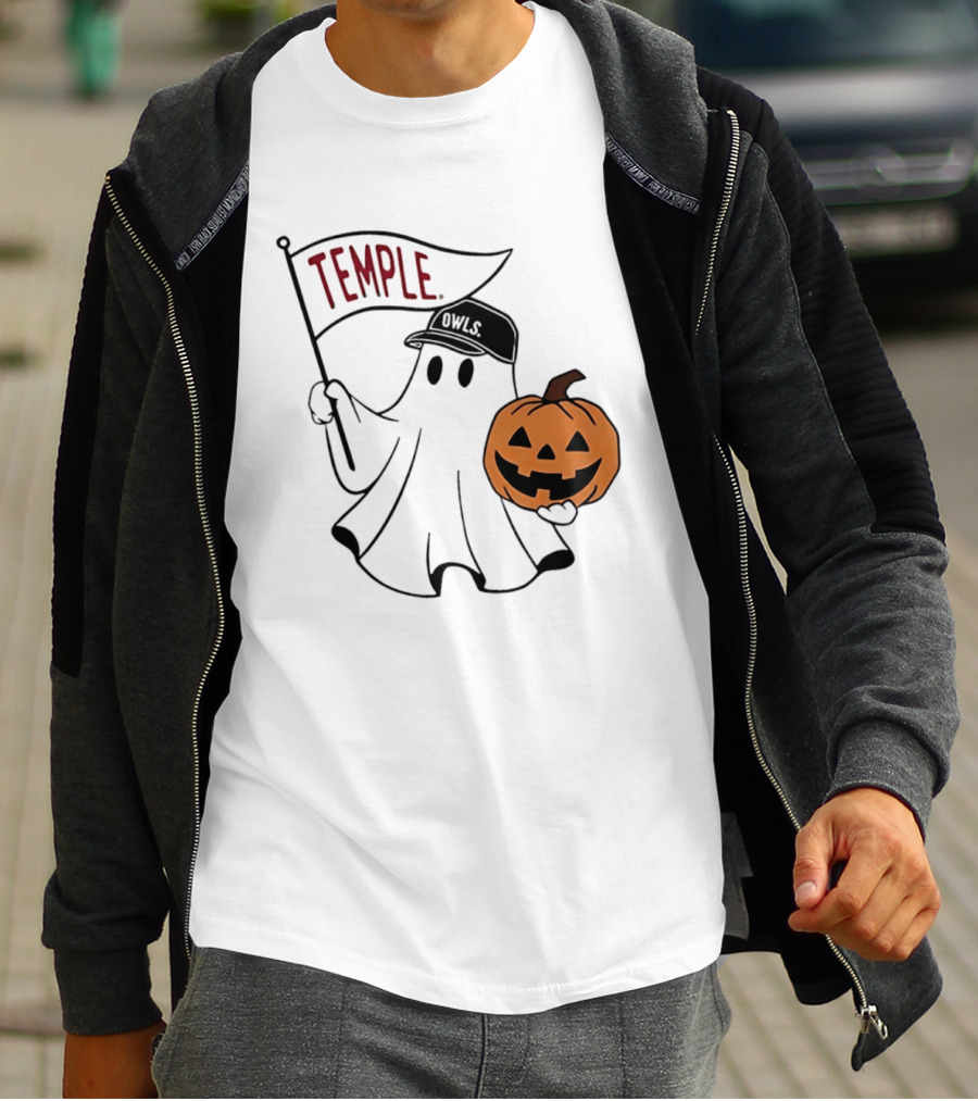 Temple Owls Halloween Ghost With Pumpkin And Flag T-Shirt