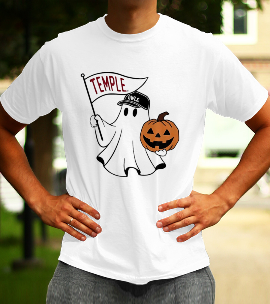 Temple Owls Halloween Ghost With Pumpkin And Flag T-Shirt