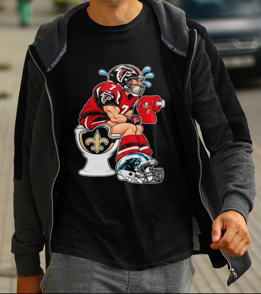 Atlanta Falcons Player On Saints Toilet With Buccaneers Toilet Paper And Panthers Helmet T-Shirt